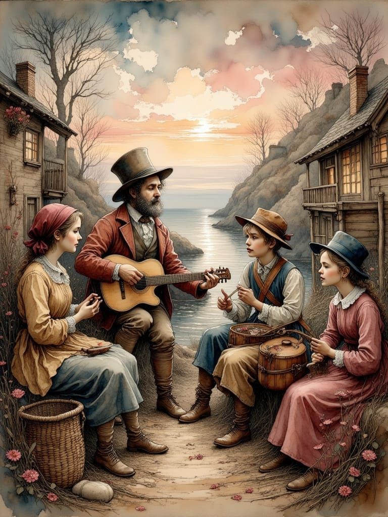 Sea Shanty Singers in Coastal Town, Ink Drawing