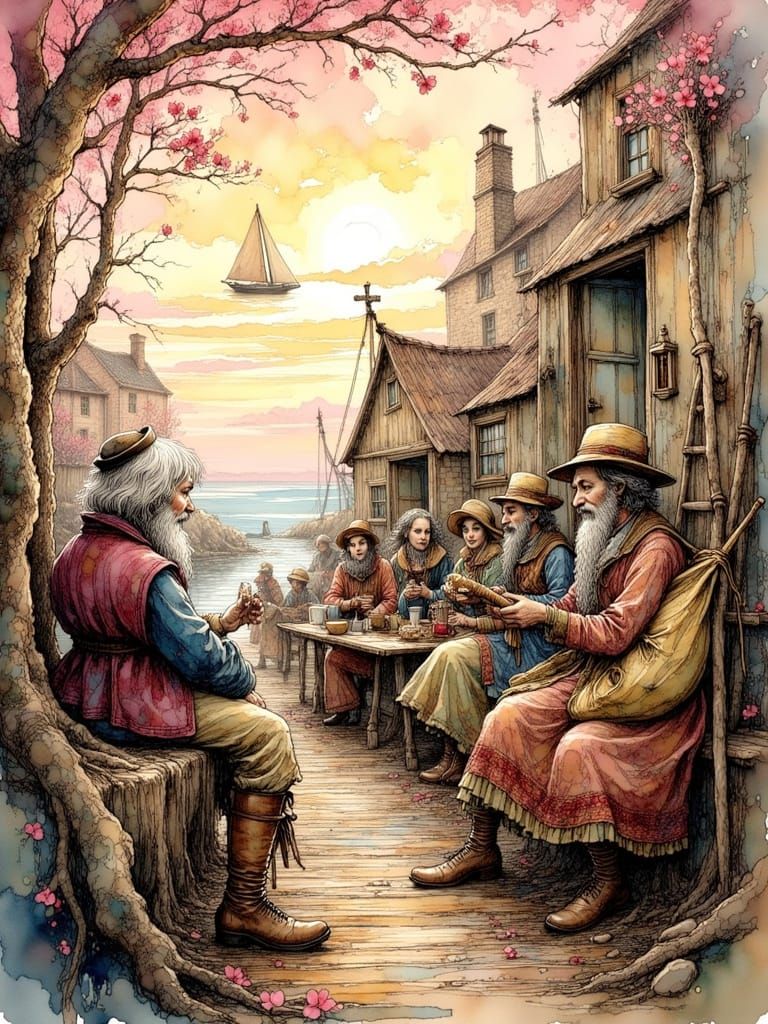 Sea Shanty Singers in Coastal Town, Ink Art