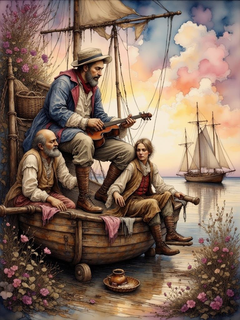 Sea Shanty Singers in Coastal Town, Ink Drawing