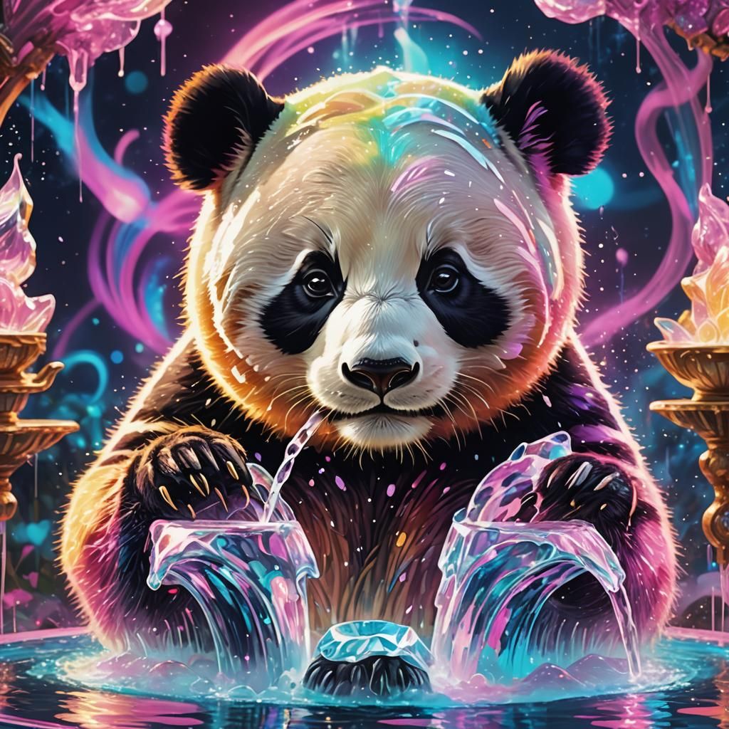 Colourful Panda Drinks from Crystal Fountain in Pop Art Styl...