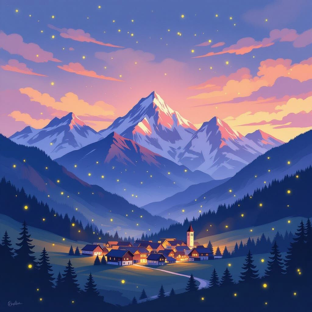 Majestic Mountains at Dusk with Fireflies and Village in Wat...