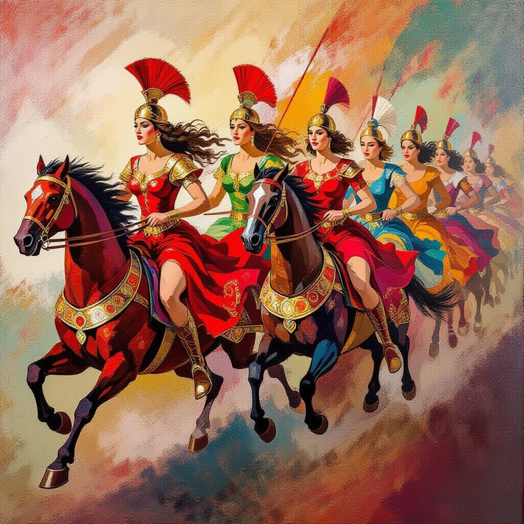 Six Women Warriors in Red and Bronze Armor on Chariots