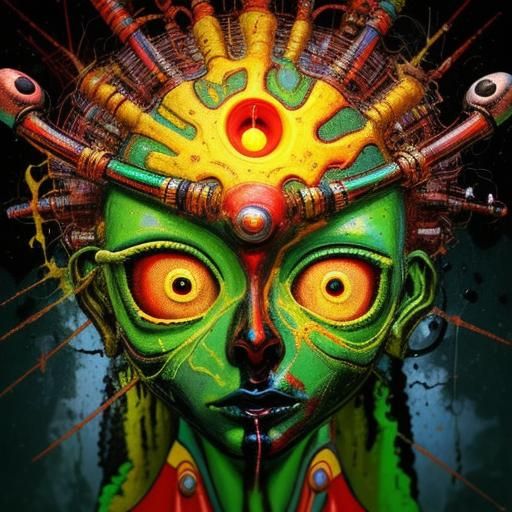 Surreal Robot Religion Impasto Painting on a Hill