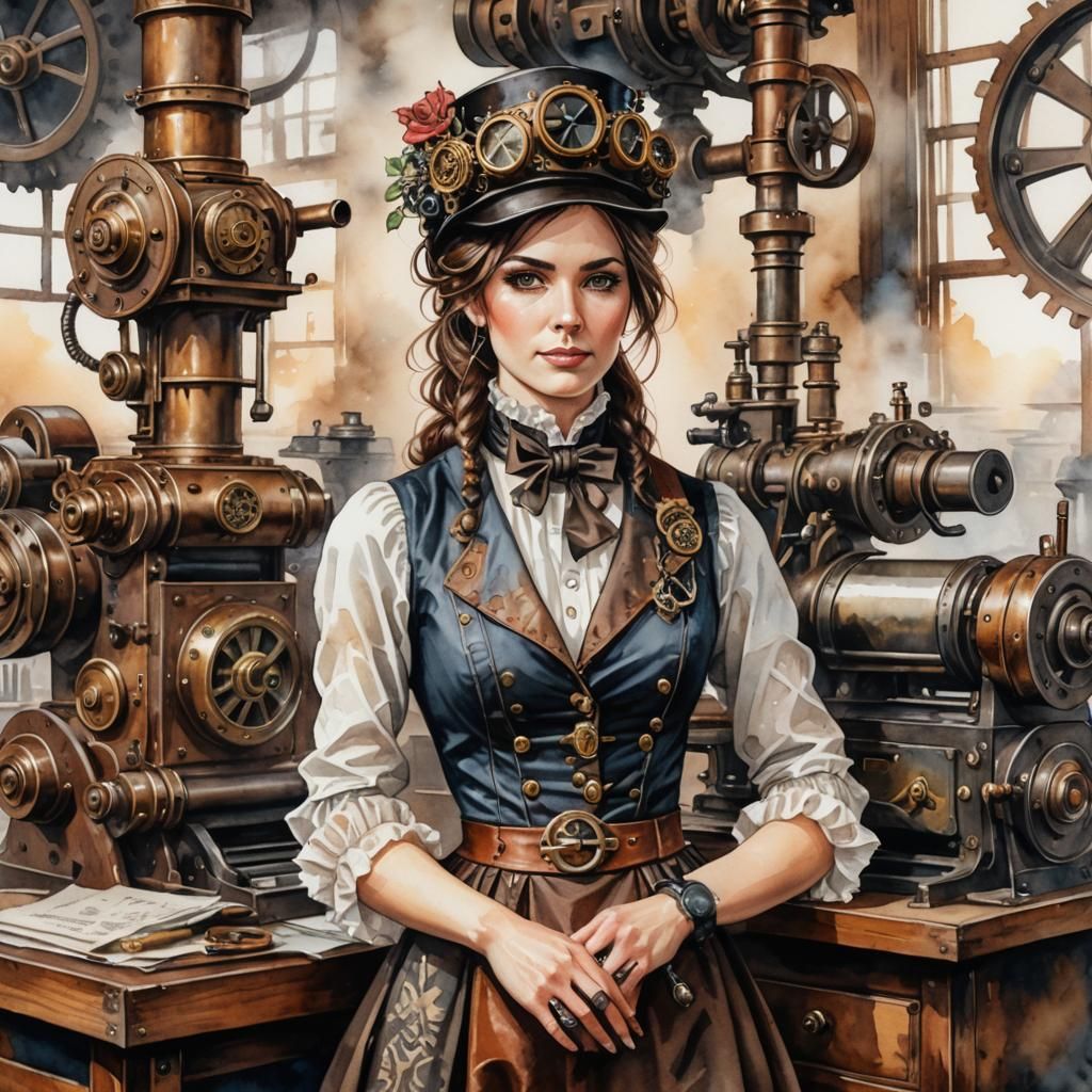Steampunk News Reporter Portrait in Watercolor Style