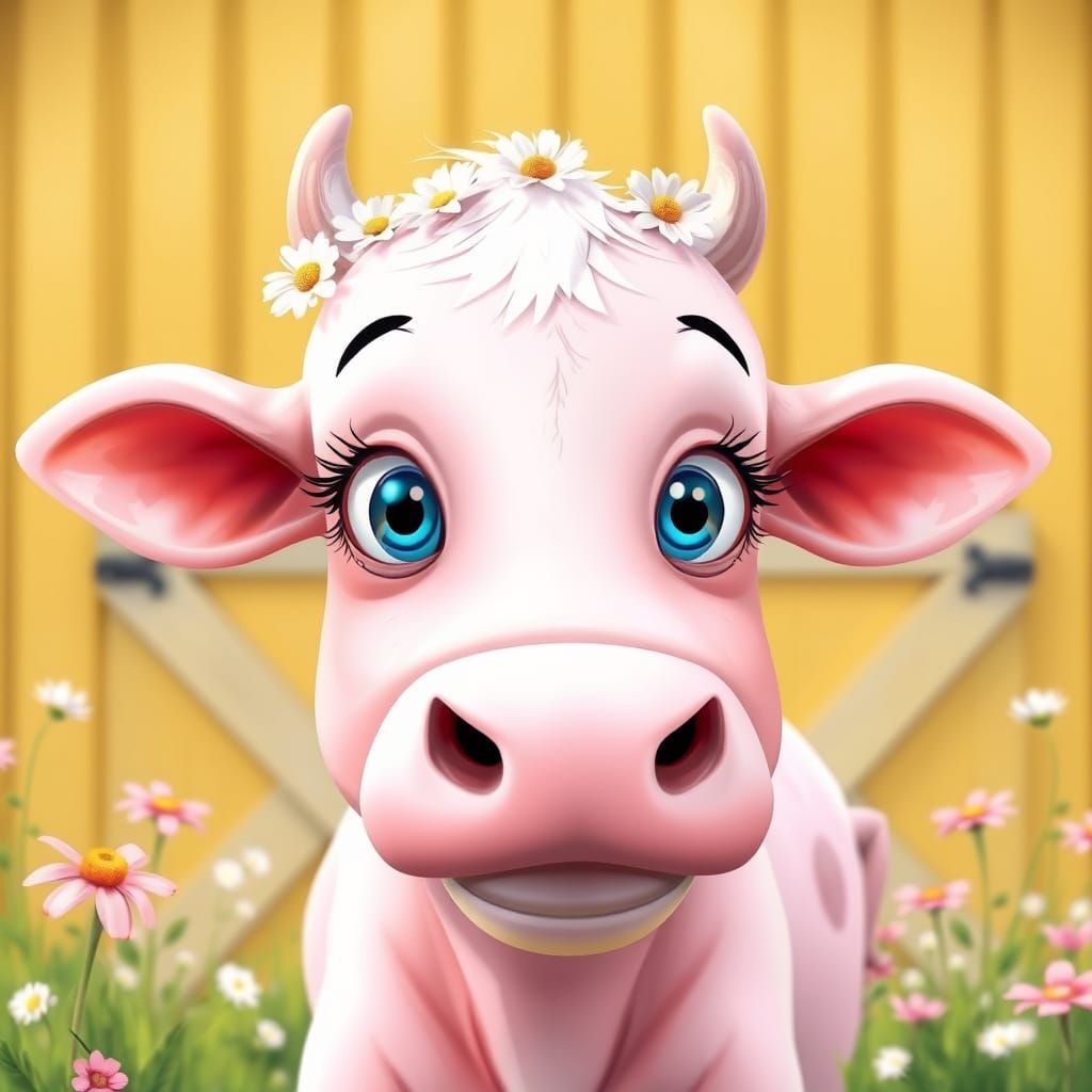 Whimsical Pink Cow Portrait in Children's Book Style