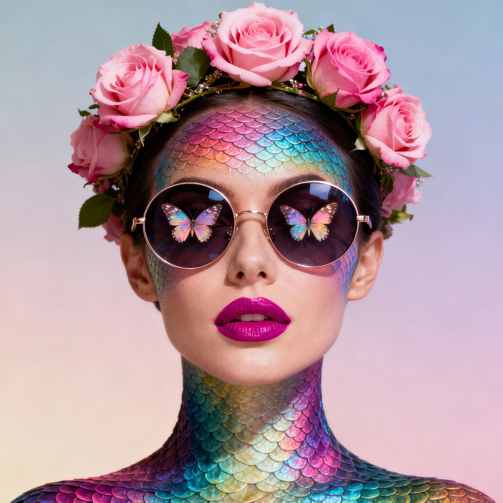 Surreal Woman Portrait with Scaled Face Paint and Rose Crown