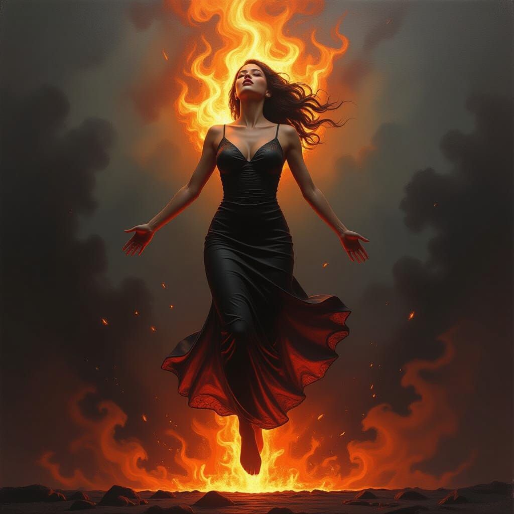 Magma Woman Floating in Fire Aura