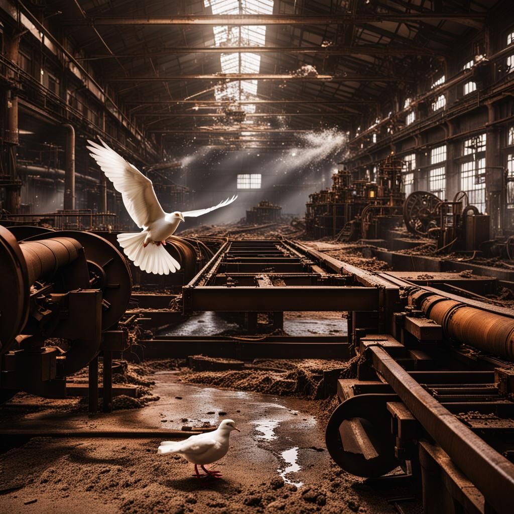 Abandoned Factory Interior with Dove in Light