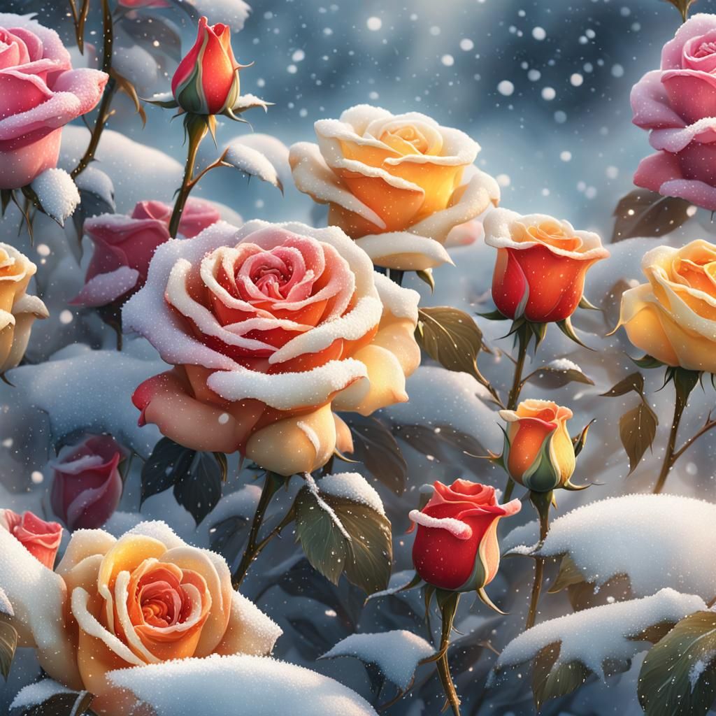 Vibrant Roses Bloom in Frosty Winter Wonderland