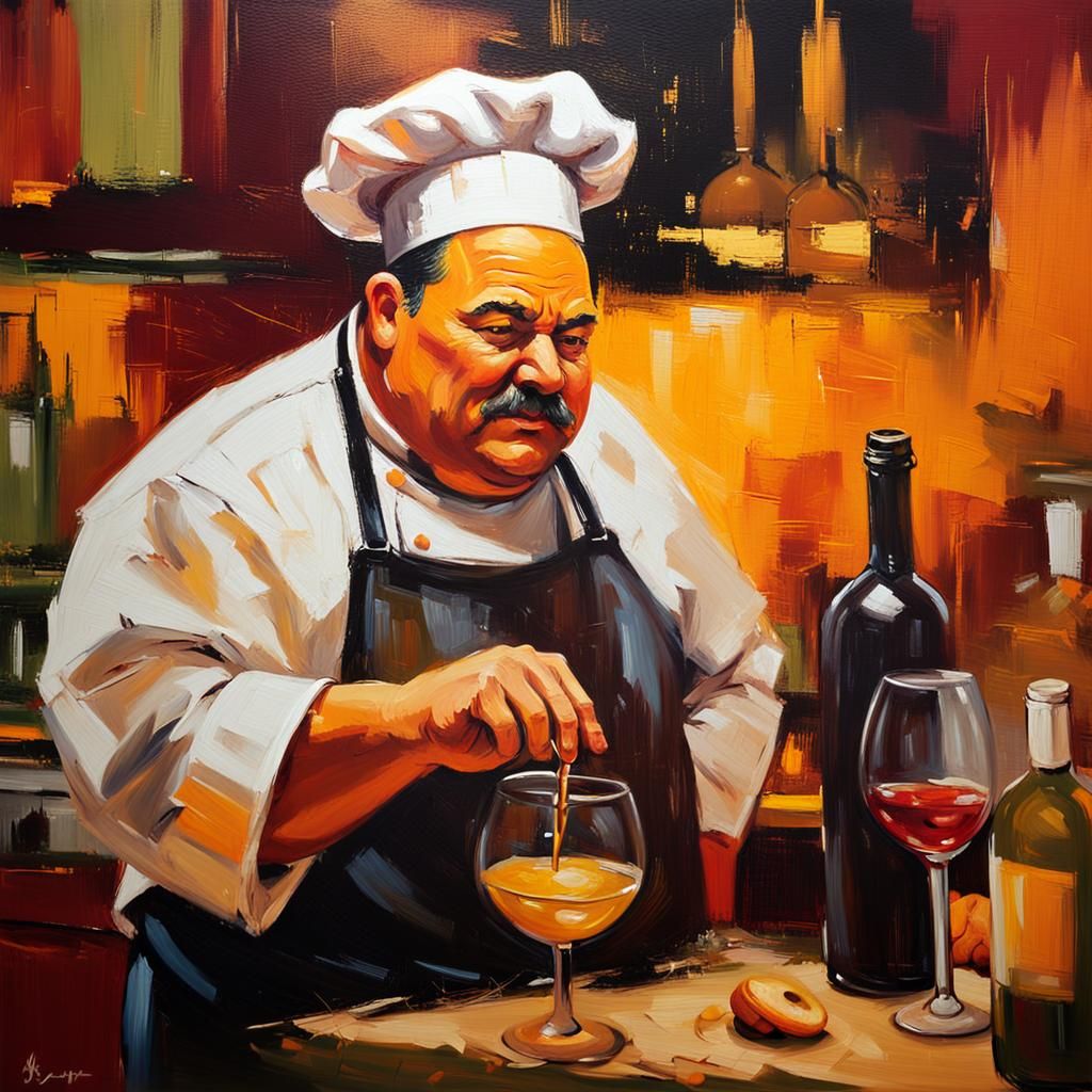 Fat Chef in Kitchen, Warm Golden Light