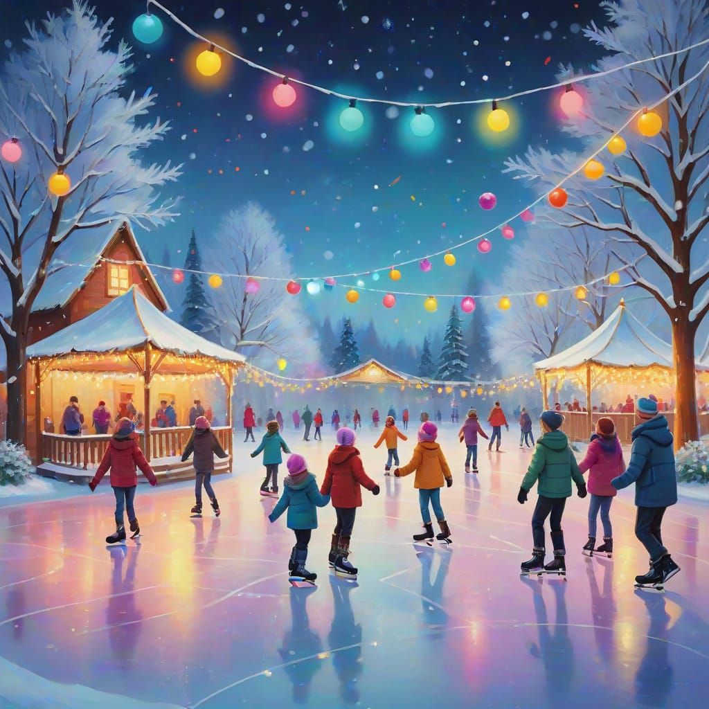 Vibrant Winter Wonderland Scene with Joyful Skaters and Fest...