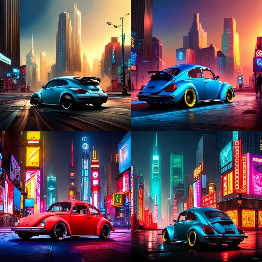 Cyberpunk 1989 VW Beetle in Neon Cityscape