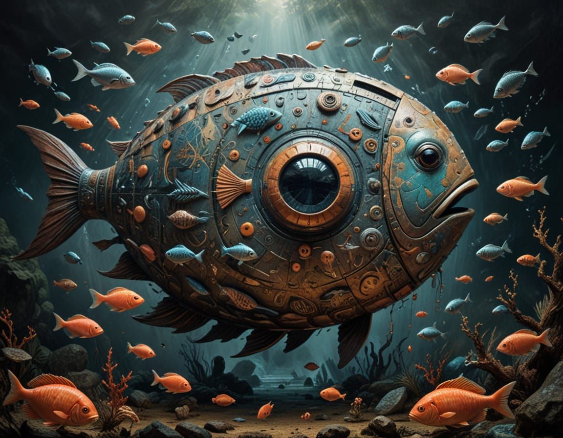 Abstract Fish with Glyphs in Impressionist Style