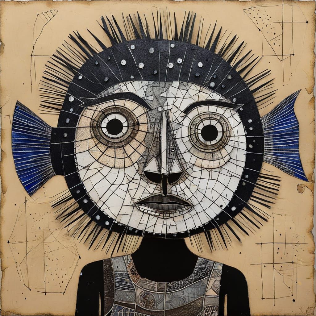 Surreal Puffer Fish Goddess in a Vibrant Mixed Media Collage