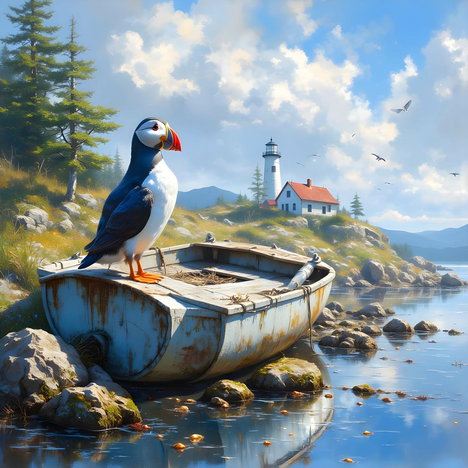 Maine Coastline Scene with Adorable Puffin