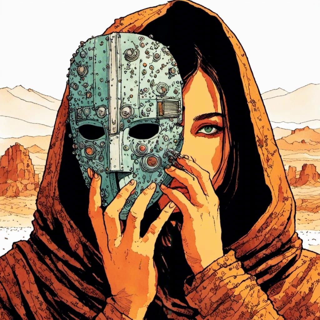 Masked Figure in Desert, Minimalist Watercolor