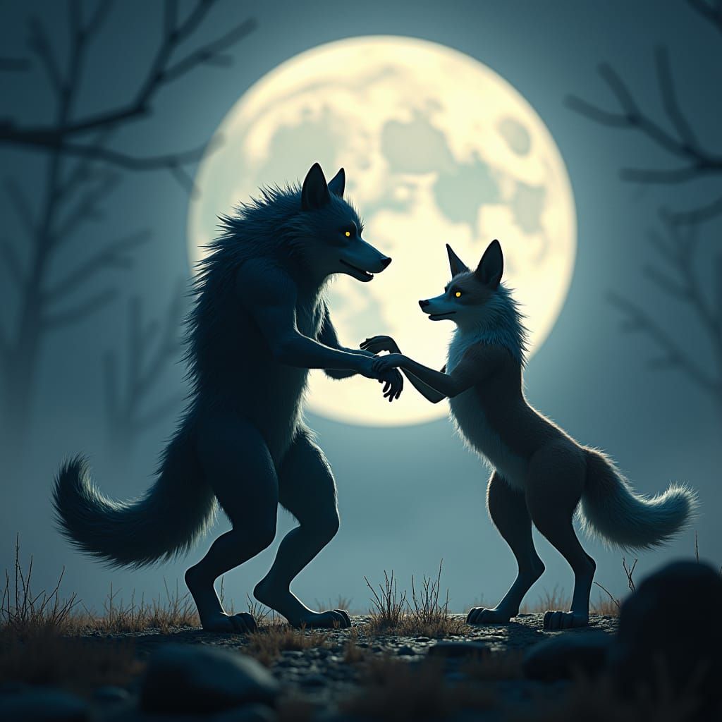 Werewolf and Werefox Dance Under the Moon