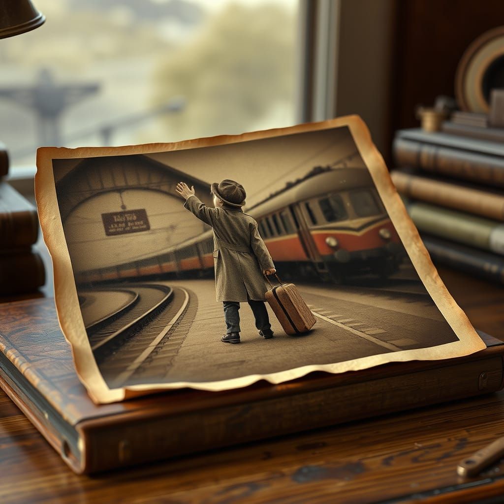 Nostalgic Kindertransport Scene in Sepia-Toned Matte Paintin...