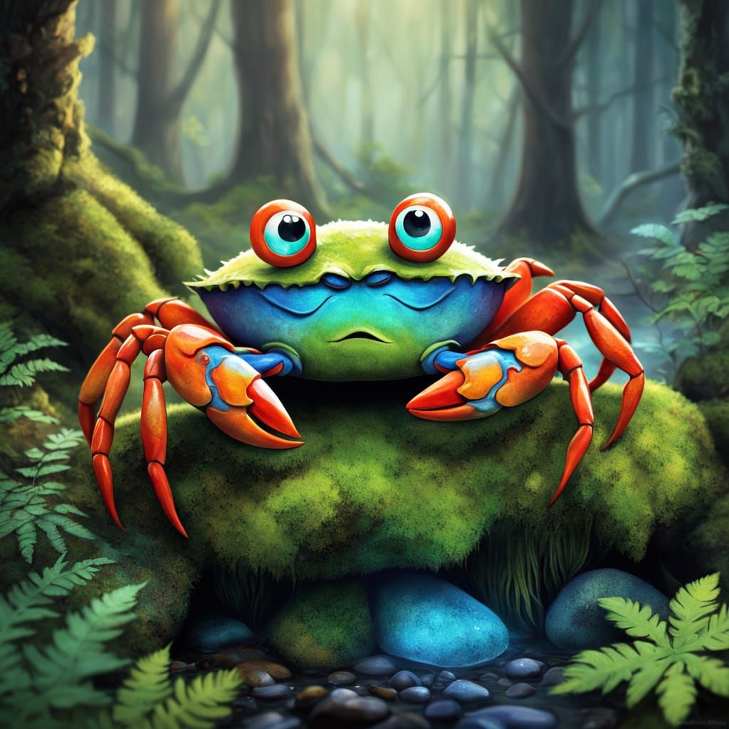 Muppet-Inspired Crab Portrait in a Misty Forest