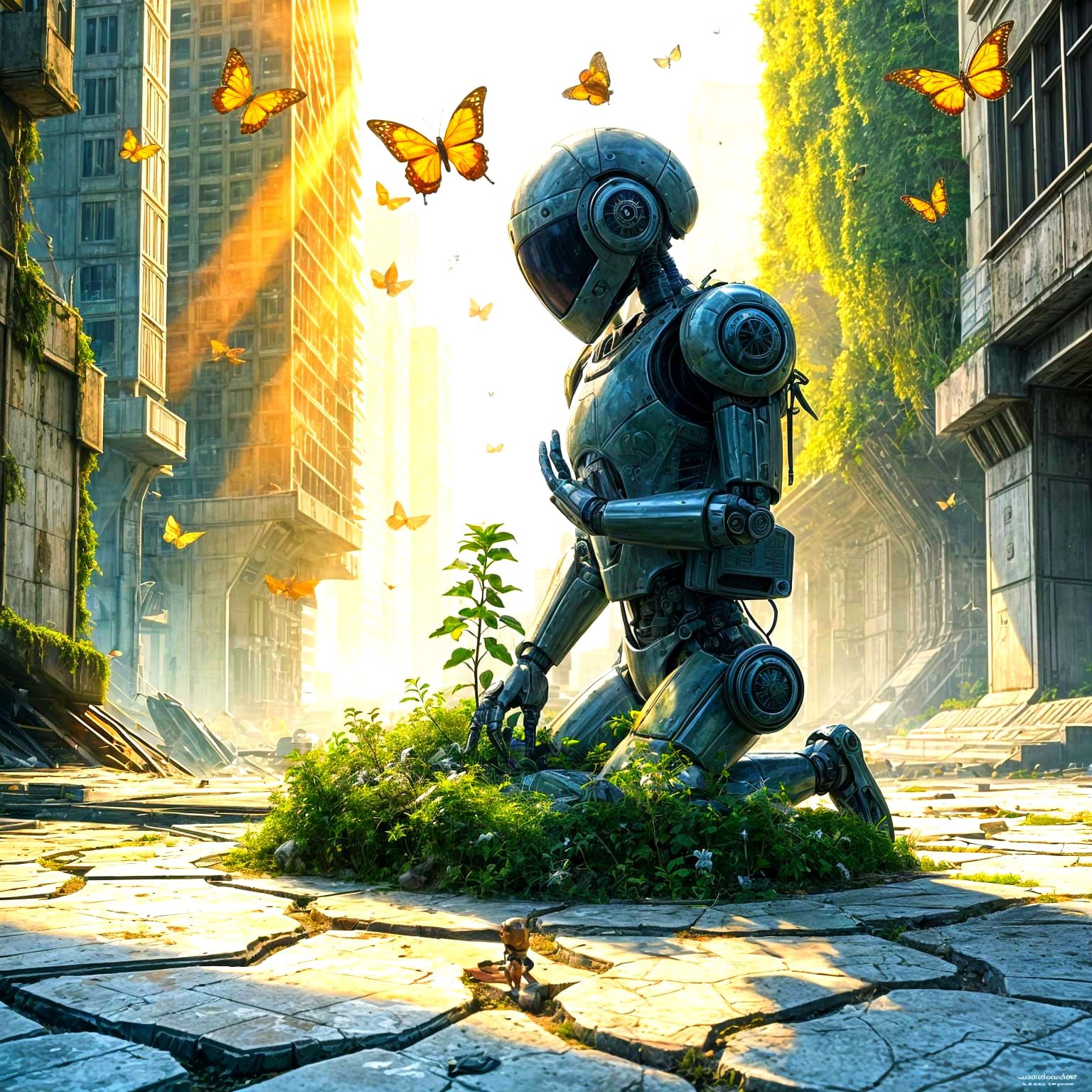 Anime Robot Guardian in Ruined City