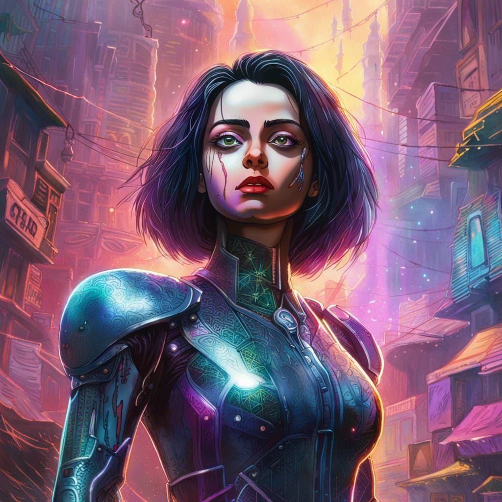 Alita in Zalem: Hyperrealistic Synthwave Concept Art