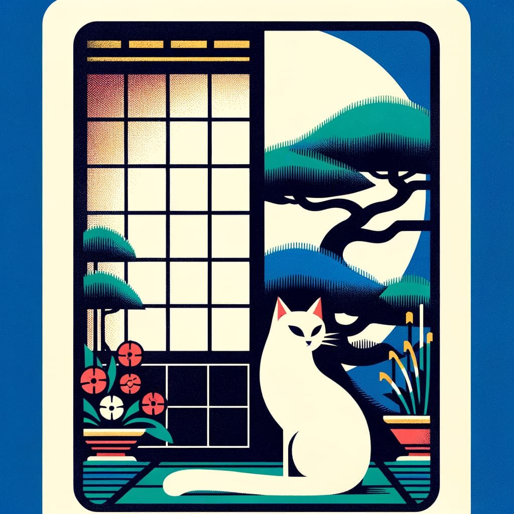 Japanese Bookplate with Abstract Cat Illustration