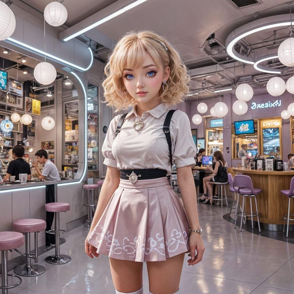 Anime Girl in Futuristic Japanese Cafe