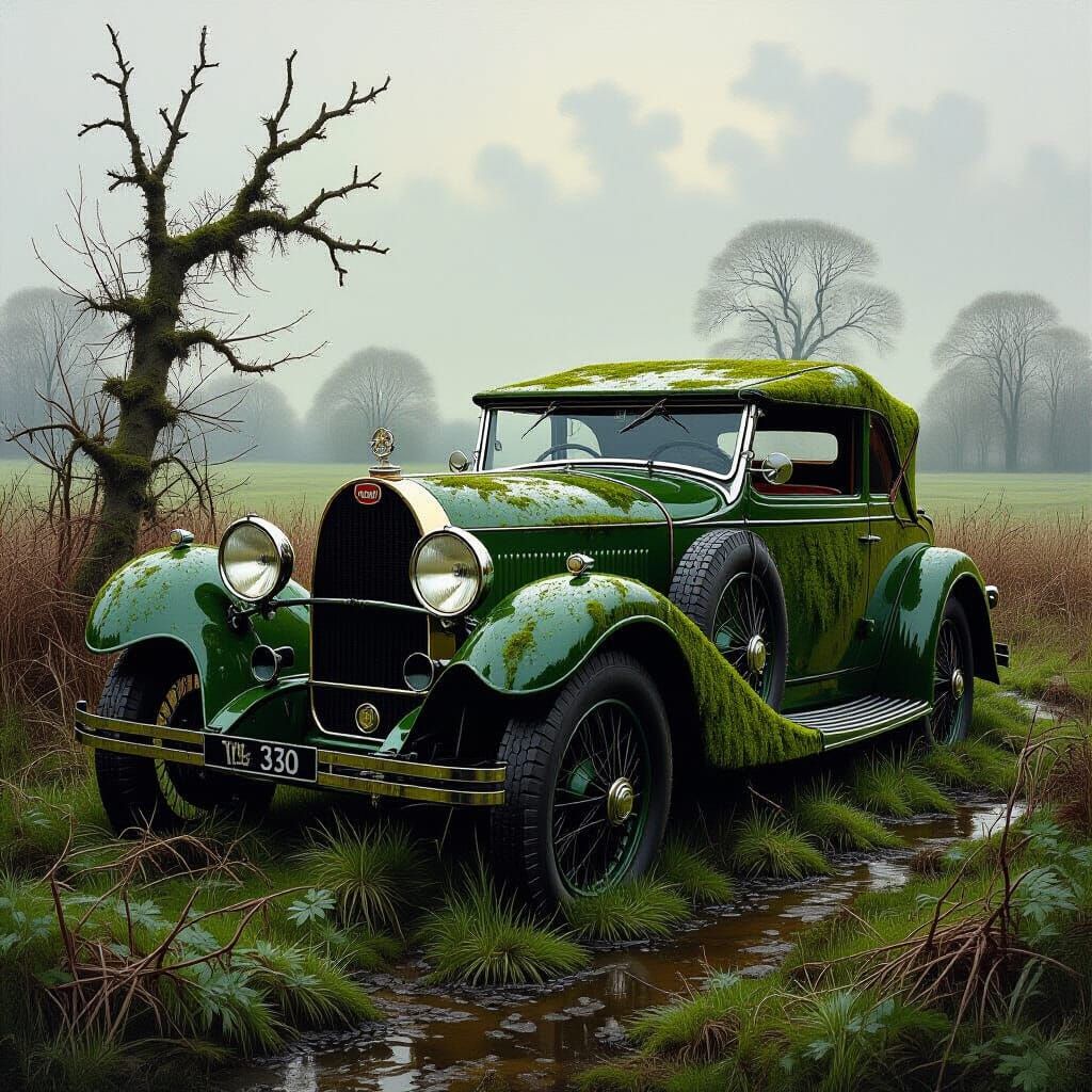 Moss-Covered Bugatti Type 30 Tourer in Overgrown Field