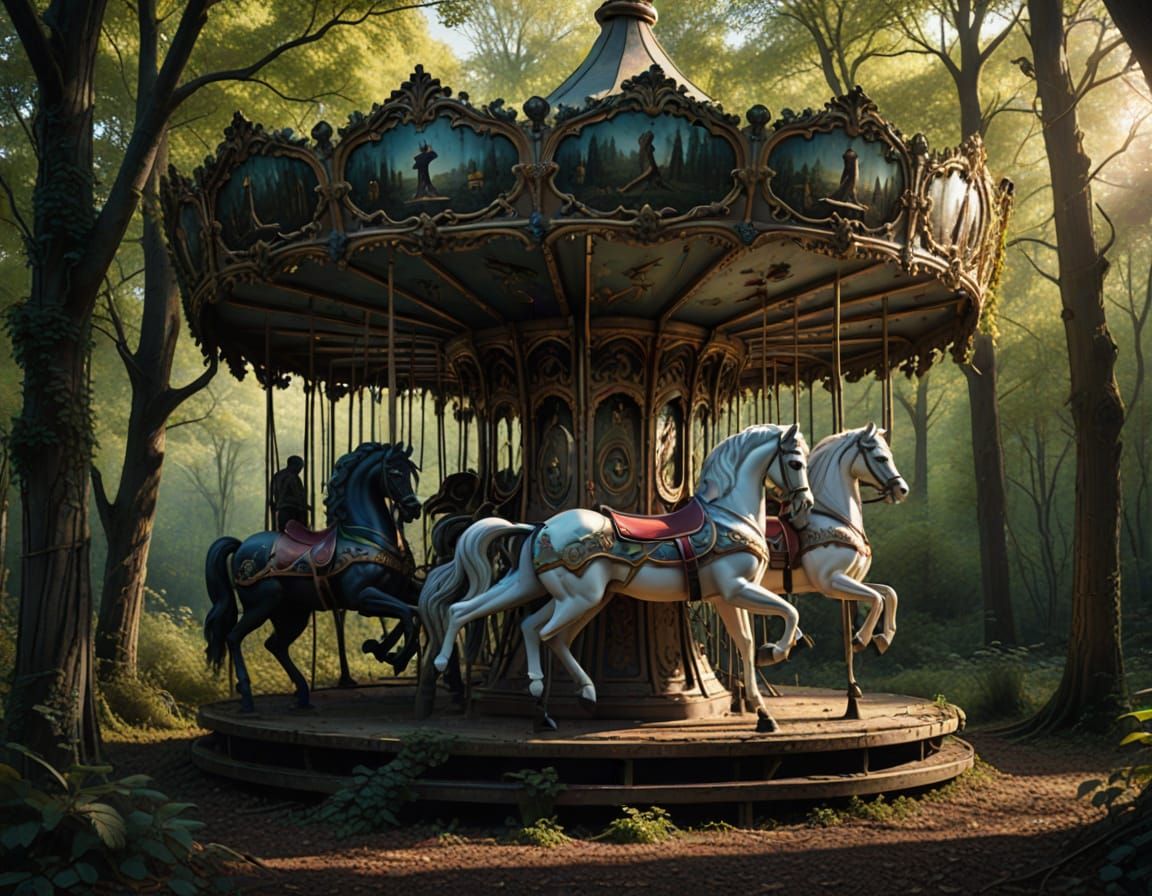 Abandoned Carousel in Eerie Forest Atmosphere