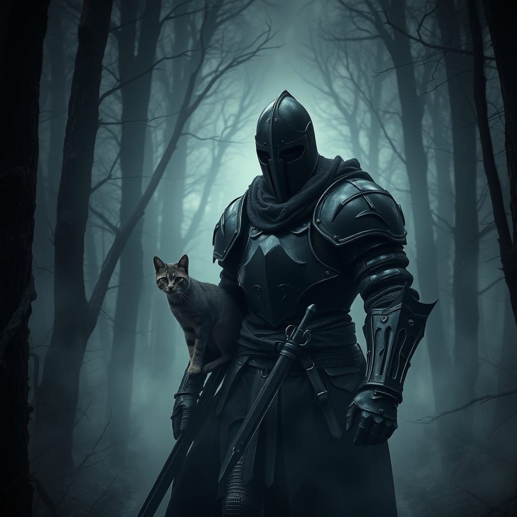 Dark Knight in Mist Shrouded Forest