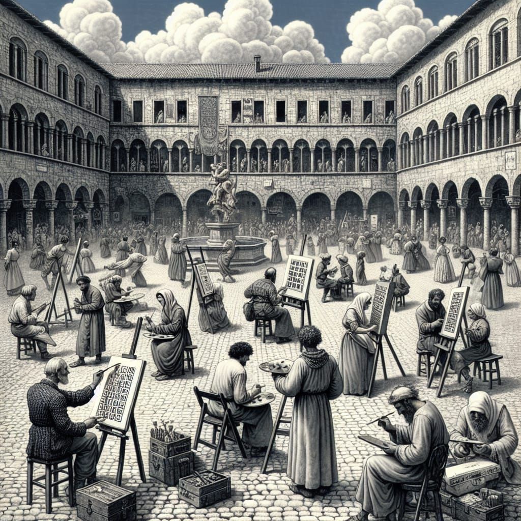 Bustling European City Square with Fountain and Artists