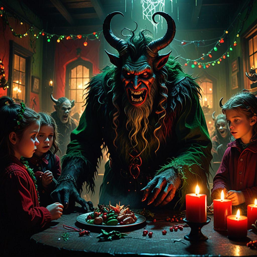 Krampus Crashes a Christmas Party in Dark Fantasy Art