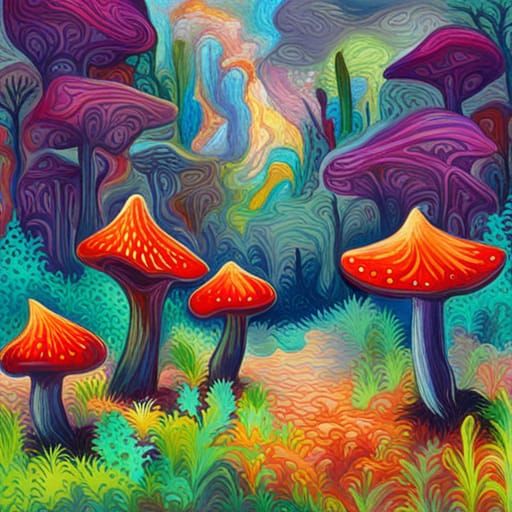 Psychedelic Mushroom Forest in Gouache Style