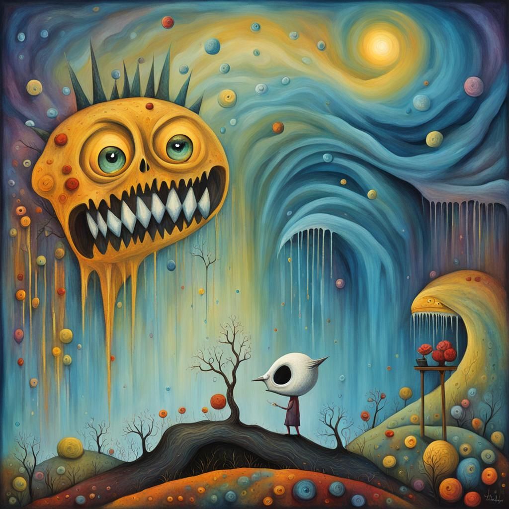 Boy Amidst Emotions: Surreal Impasto Gouache Painting