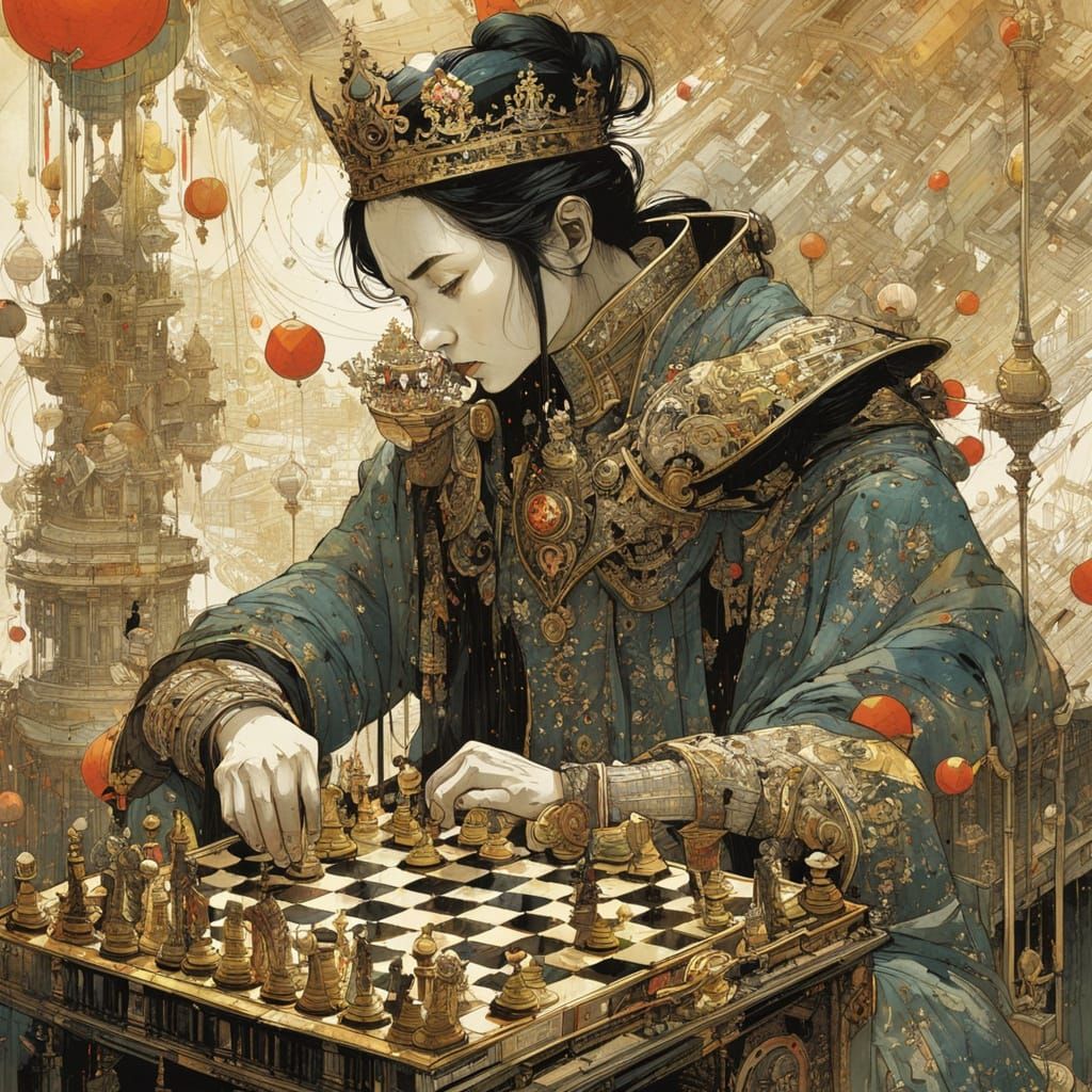 Watercolor Chess Game: King Beats Queen in Golden Detail