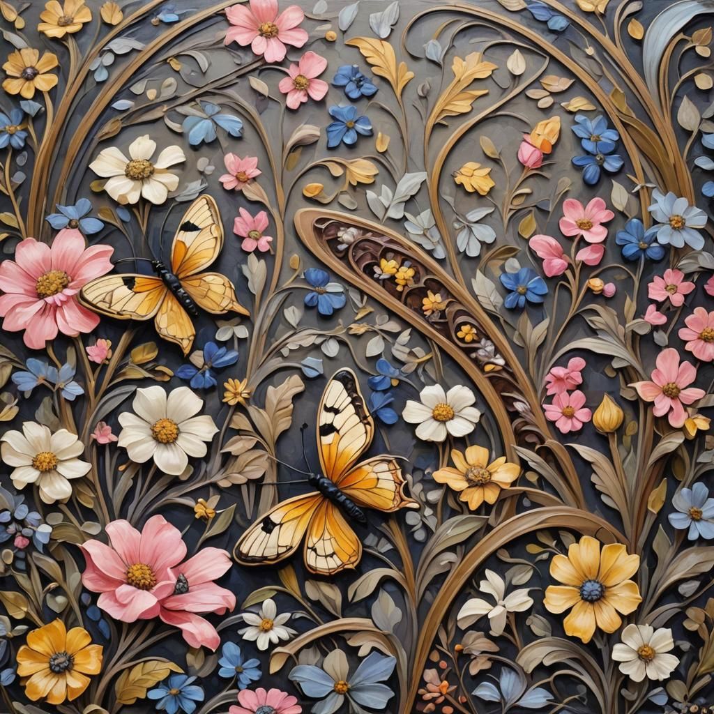 Art Nouveau Insects Among Colorful Flowers