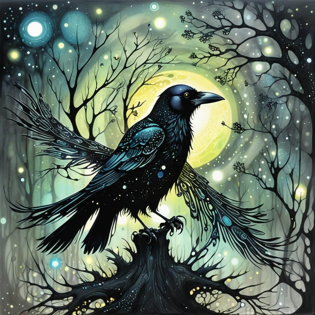 Bioluminescent Crow in Pointillist Fantasy Style