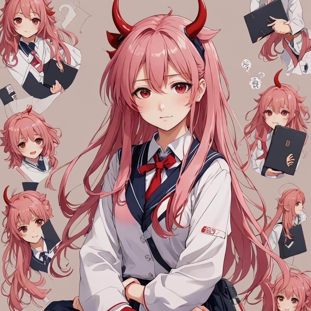 Anime Girl with Pink Hair and Red Horns