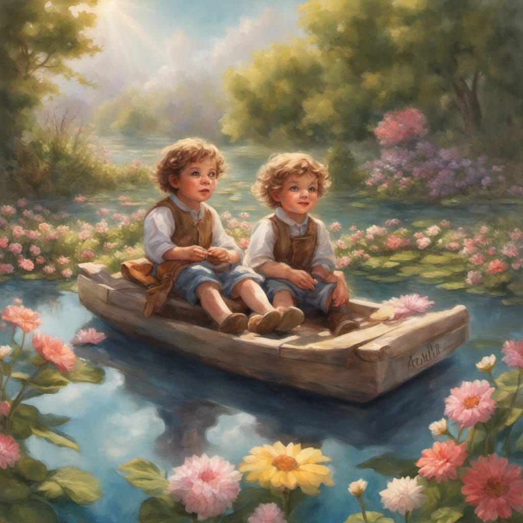Halflings on a Raft in Flower-Filled Pond