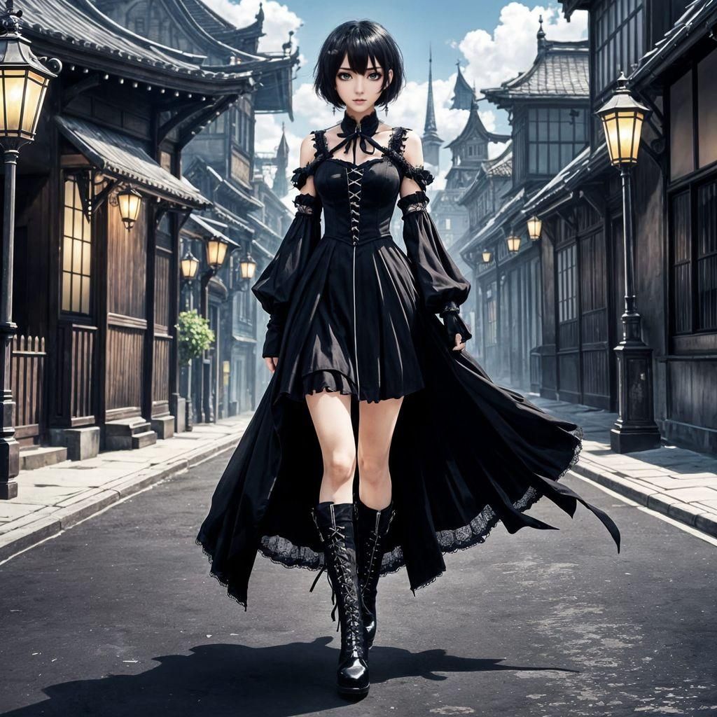 Gothic Woman Walking Down the Street in Anime Style