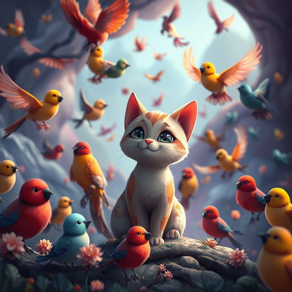 Whimsical Cartoon Cat in Vibrant Fantasy Landscape