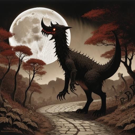Dark Fantasy Creature Walking to the Moon