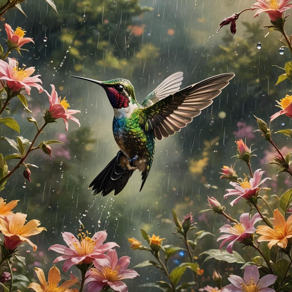 Iridescent Hummingbird Made of Water in Bloom
