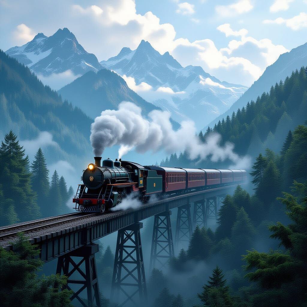 Steam Train Journey Across Misty Bridge in Cinematic HDR Sty...