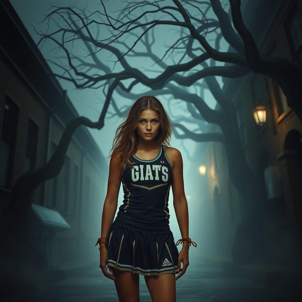 Eerie Cheerleader in Misty Alley: Dark Fantasy Art