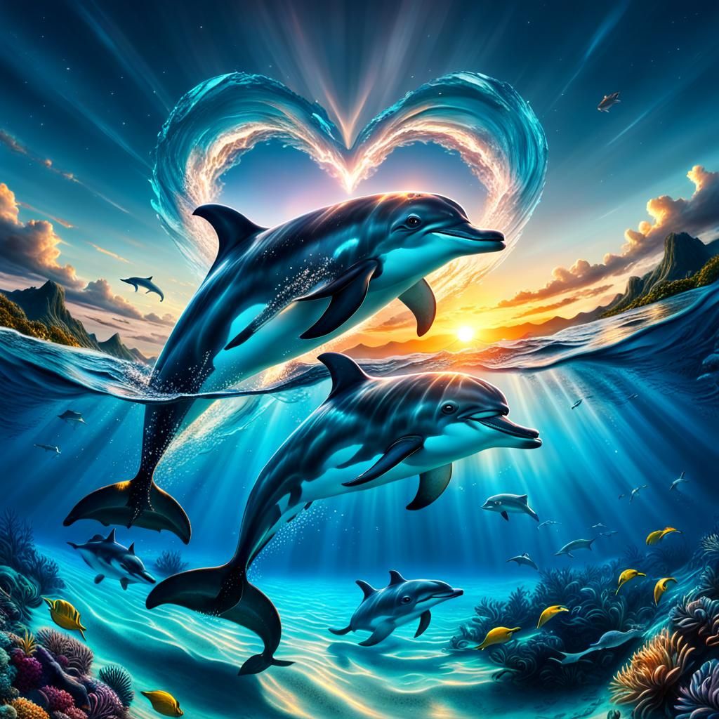 Dolphins Swimming Under Celestial Sunset Heart