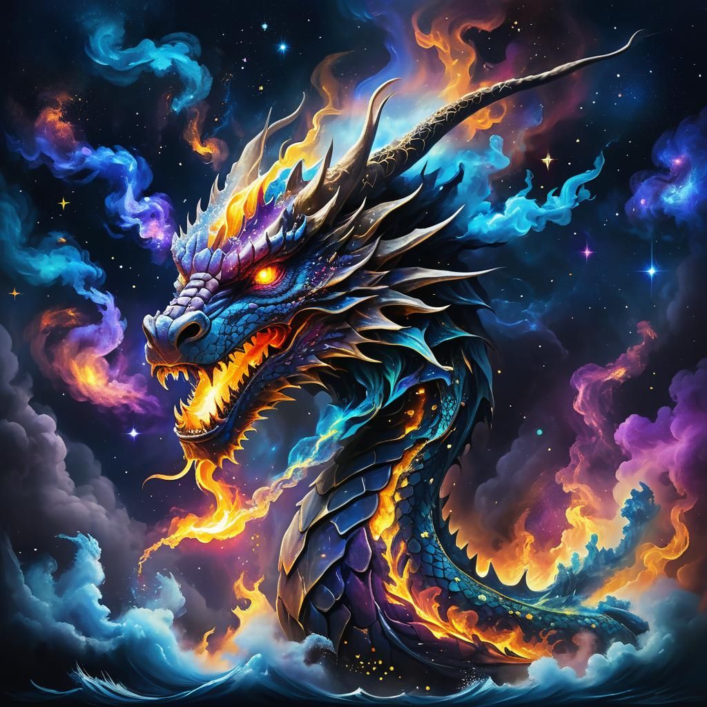 Majestic Dragon Spews Fire in Surreal Cosmic Art