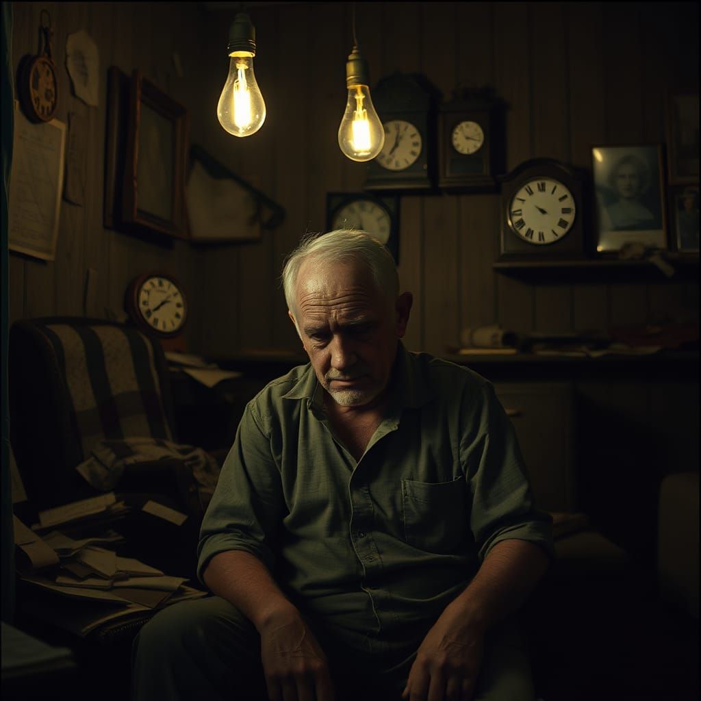 Weary Man in Dimly Lit Room: Cinematic Still