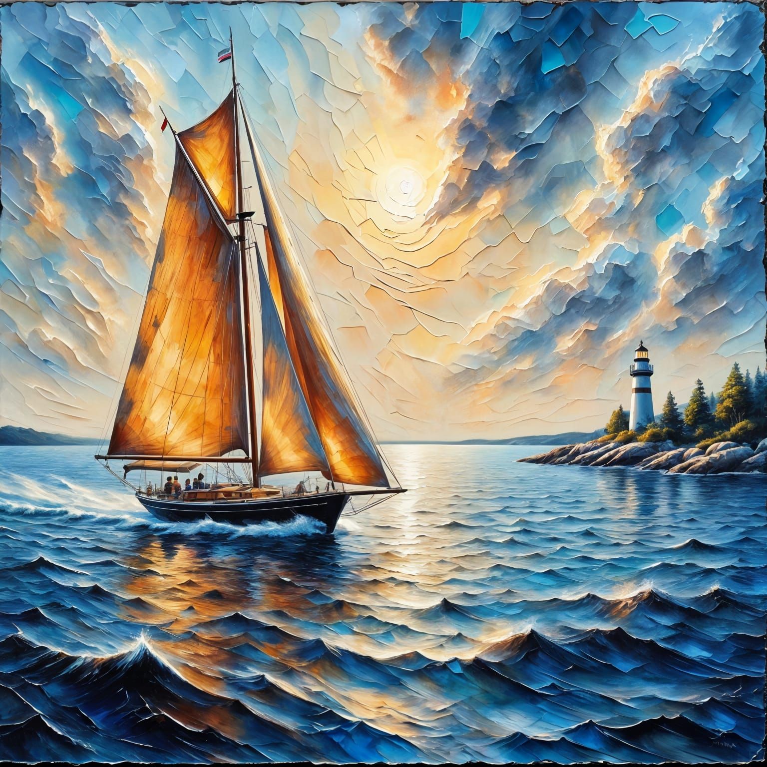 Sailboat Approaches Lighthouse at Sunset, in Neo-Impressioni...