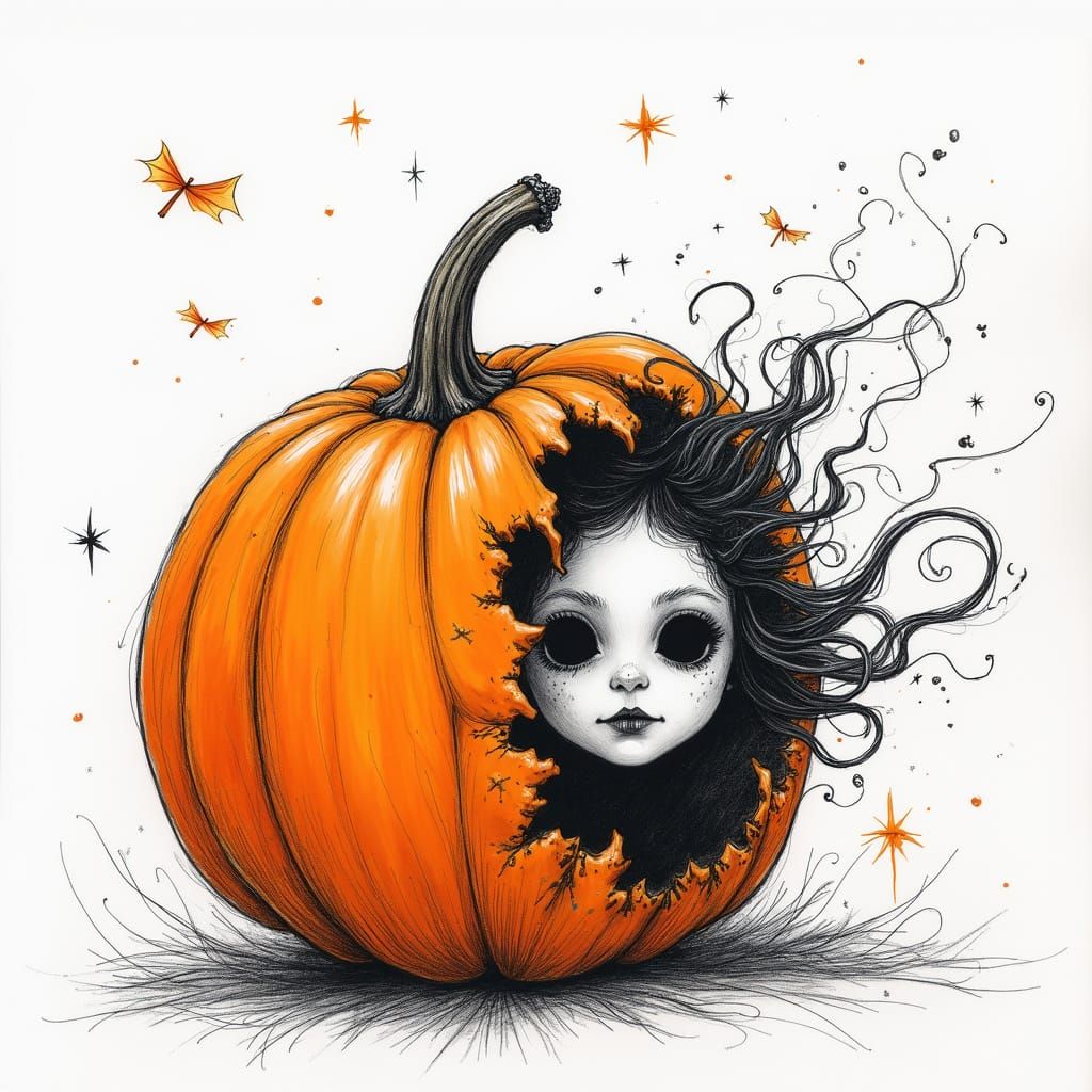 Pumpkin Transformation Sketch in Expressive Line Art